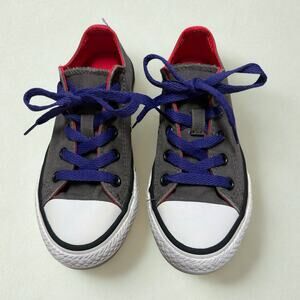 Converse All Star Double Tongue Kids Size 12 Gray Low Top Sneakers Purple Laces